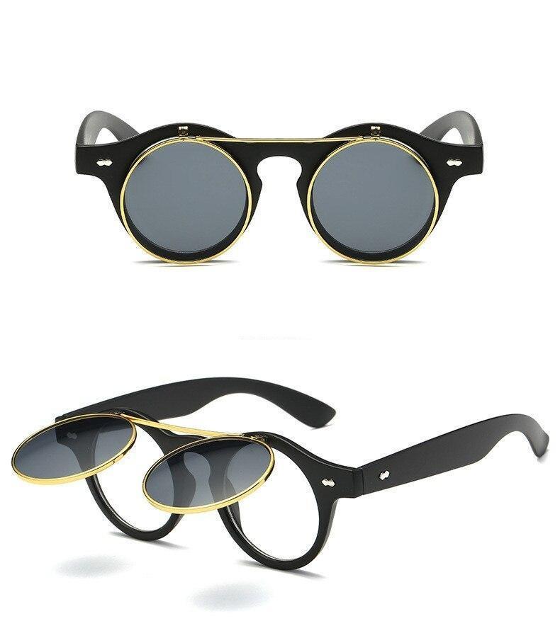 Stylish Vintage Round Flip Up Sunglasses Transparent Frame Women Men