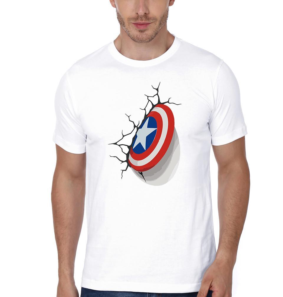 FunkyTradition White Round Neck Captain America Sheild Logo Half Sleeves T-Shirt