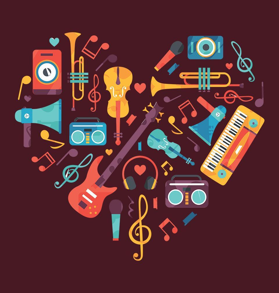 FunkyTradition Maroon Round Neck Music Heart Men Half Sleeves T-Shirt