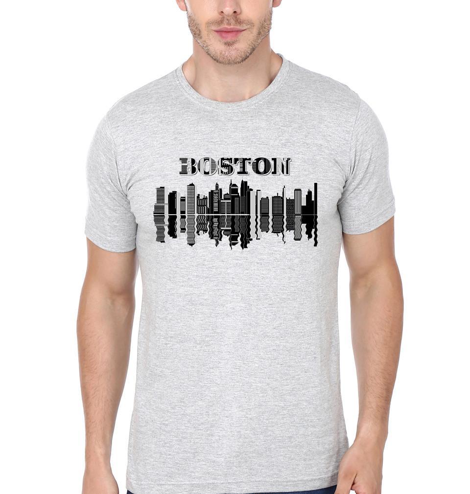 FunkyTradition Grey Round Neck Boston City Hard Men Half Sleeves T-Shirt