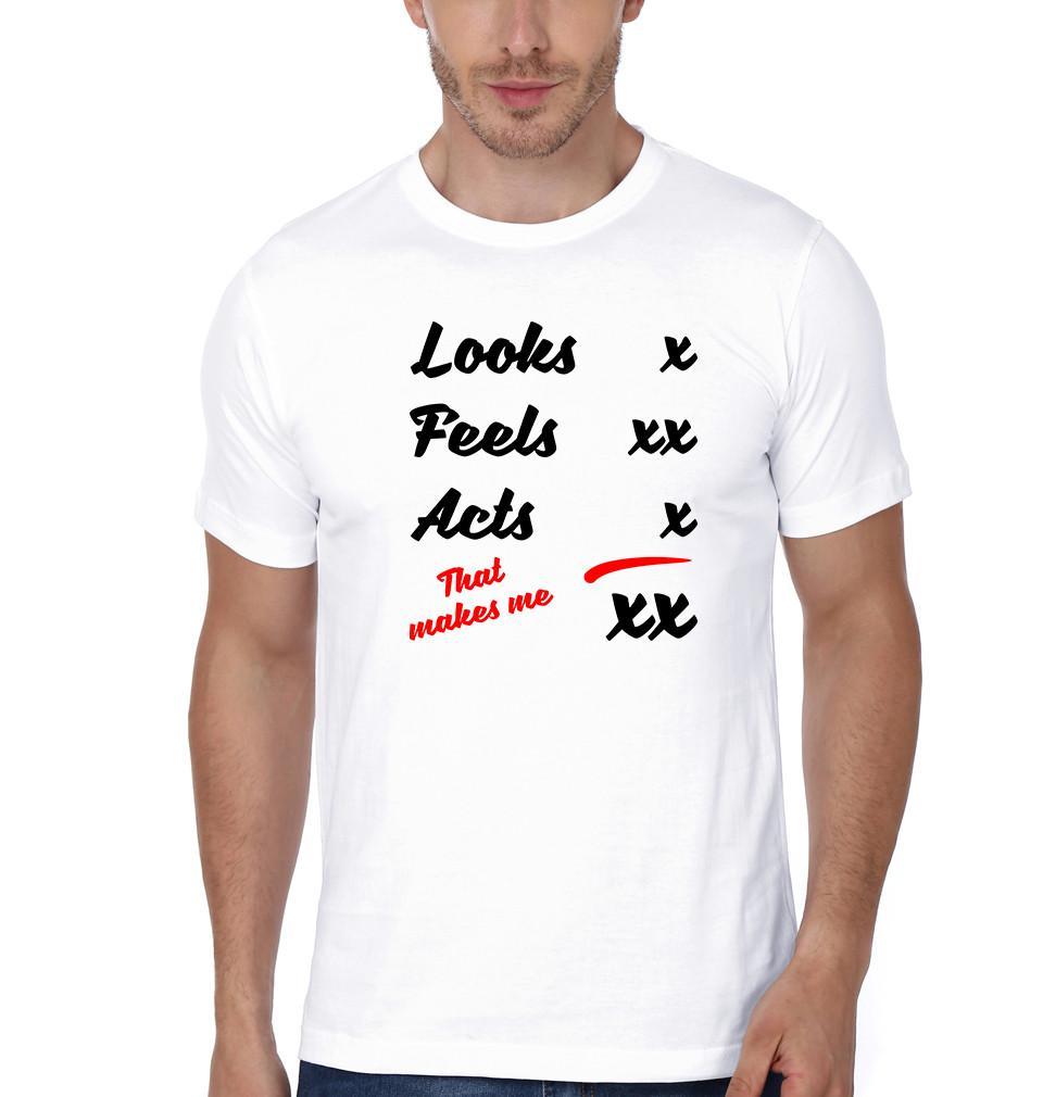 FunkyTradition White Round Neck Looks Feel Act Men Half Sleeves T-Shirt