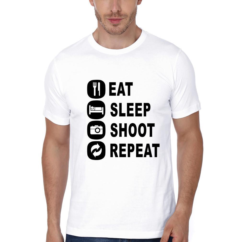 FunkyTradition White Round Neck Funny Eat Sleep Shoot Repeat Half Sleeves T-Shirt