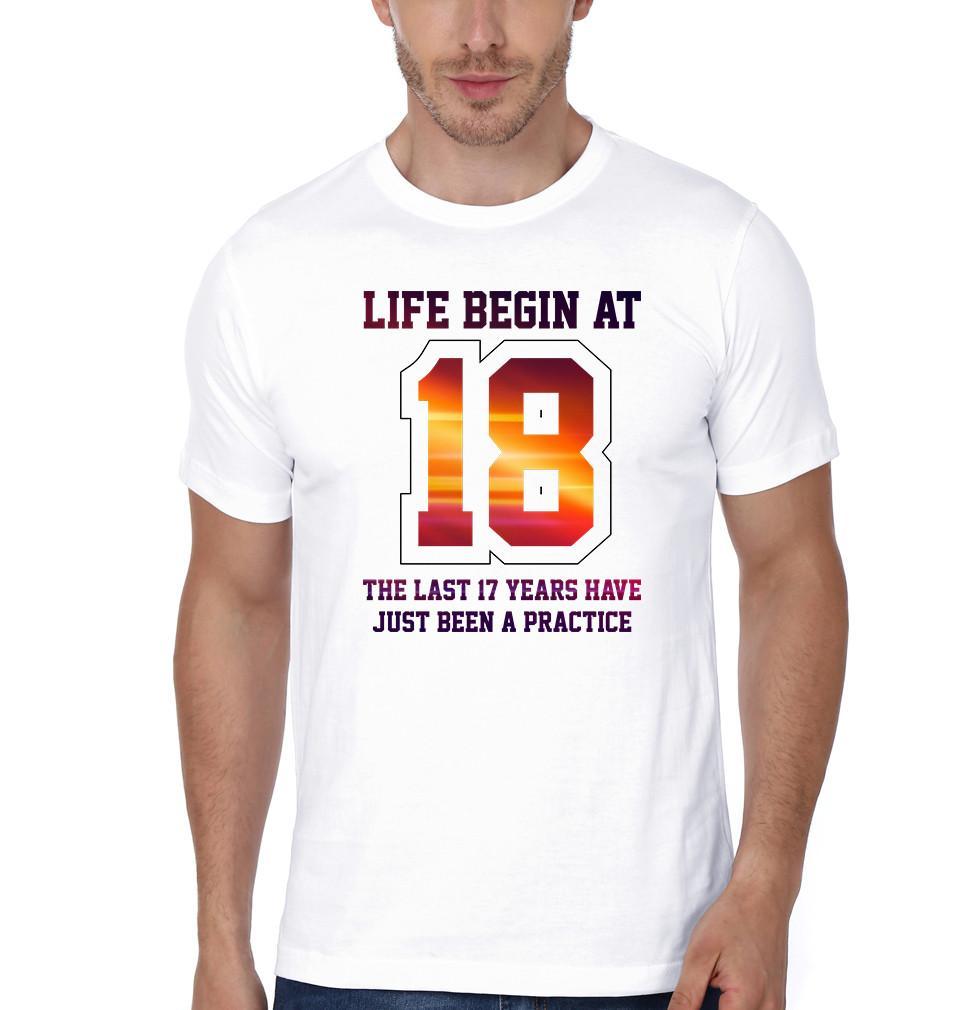 FunkyTradition White Round Neck Life Begin At 18 Men Half Sleeves T-Shirt