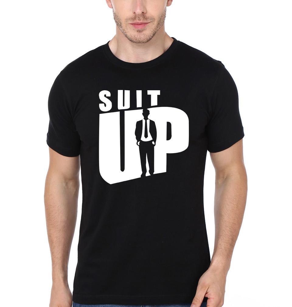 FunkyTradition Round Neck Black SUIT UP Half Sleeves T-Shirt