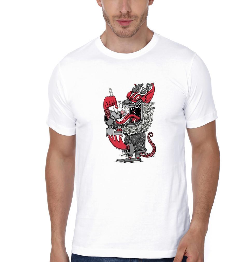 FunkyTradition White Round Neck Dragon Men Half Sleeves T-Shirt