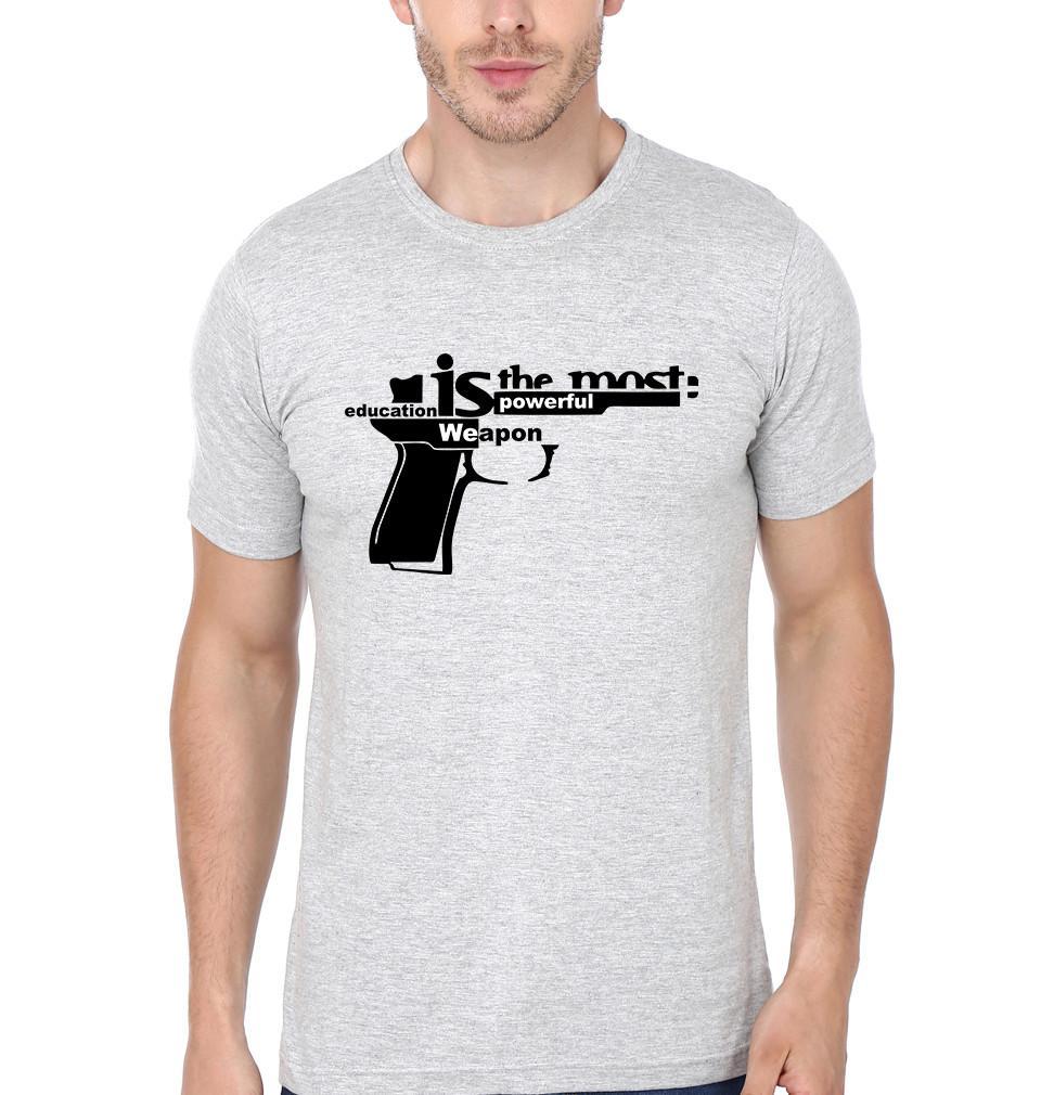 FunkyTradition Grey Round Neck Education Is Most Powerful Weapon Men Half Sleeves T-Shirt