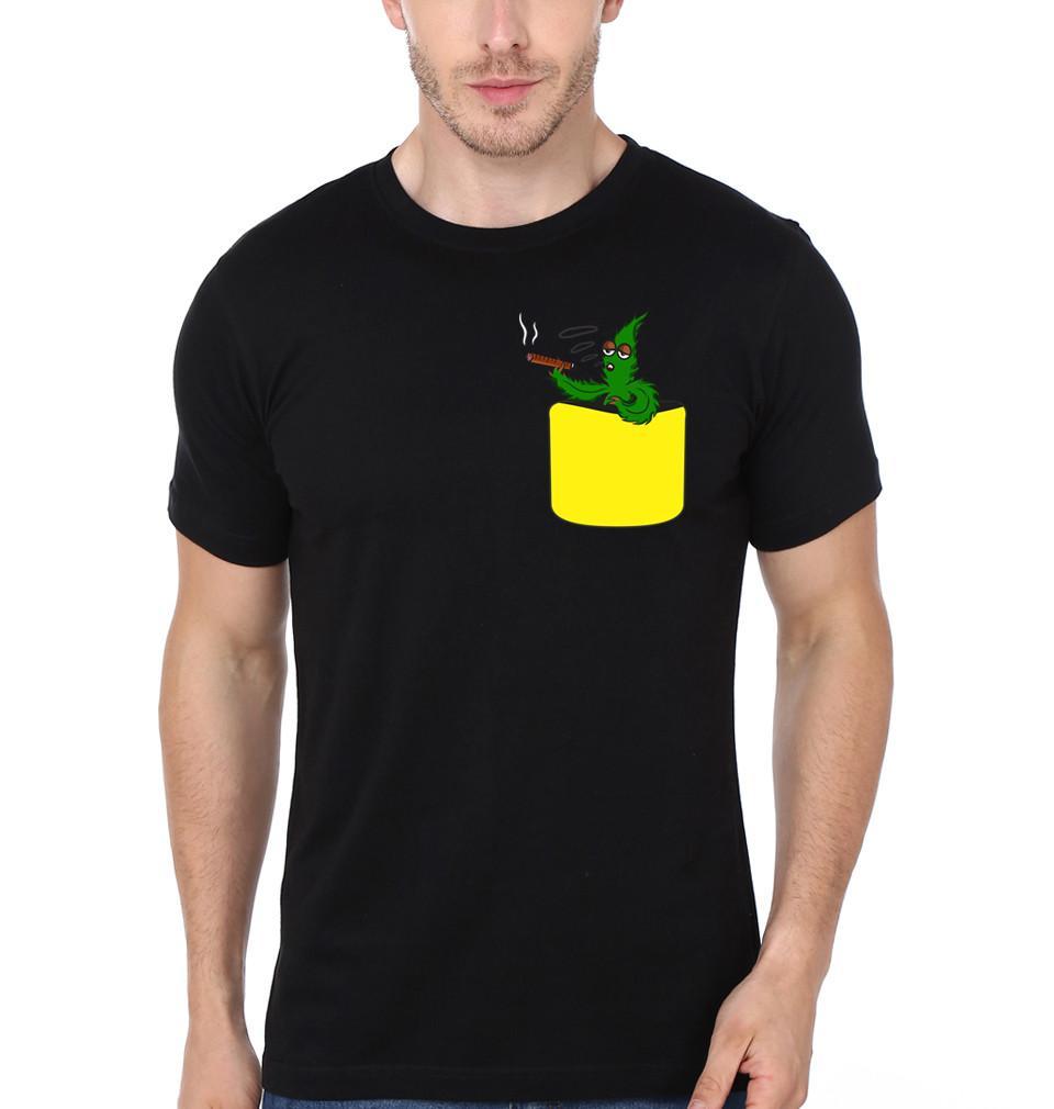 FunkyTradition Black Round Neck Pocket Weed Men Half Sleeves T-Shirt