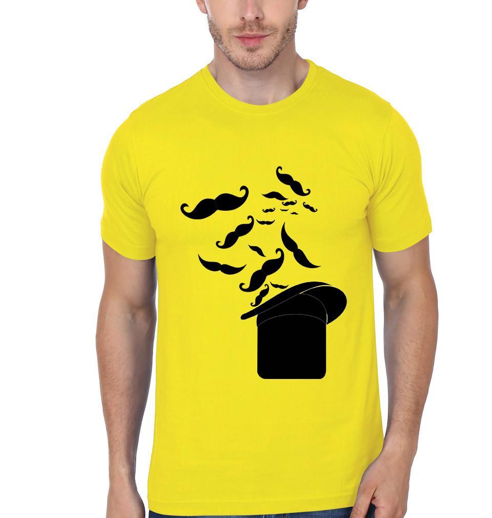 FunkyTradition Yellow Round Neck Hat With Mustache Men Half Sleeves T-Shirt