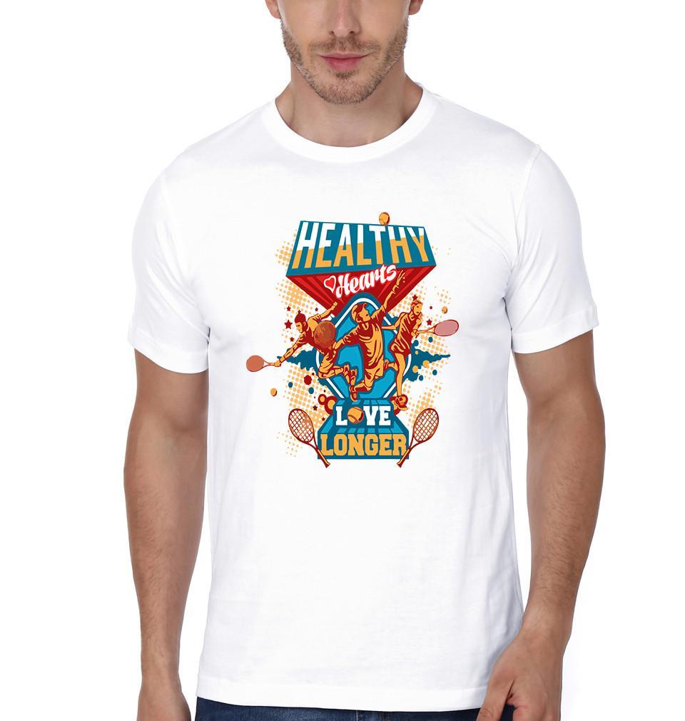 FunkyTradition White Round Neck Healthy Heart Live Longer Men Half Sleeves T-Shirt