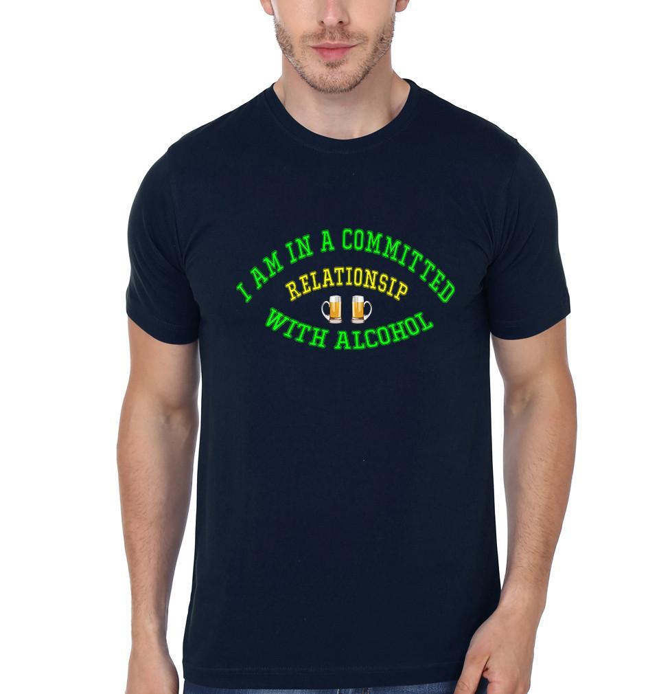 FunkyTradition Navy Blue Round Neck I Am In A Commited Relationship With Alcohol Men Half Sleeves T-Shirt