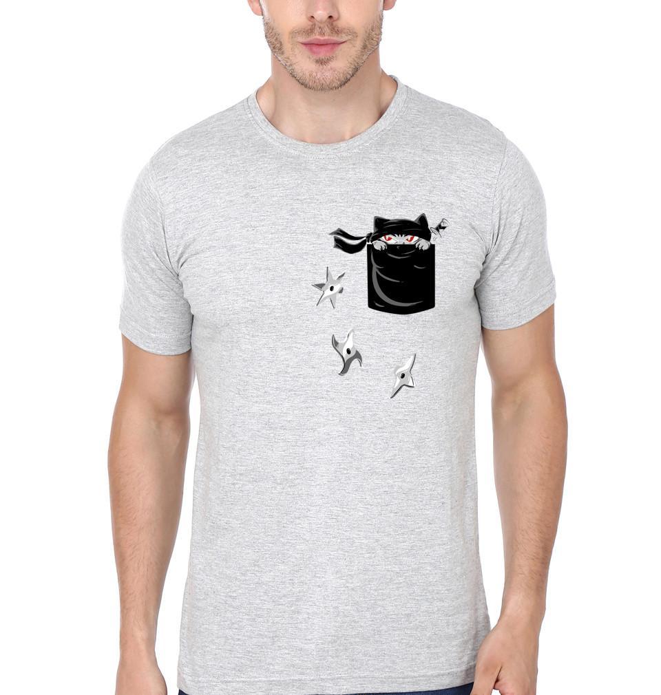 FunkyTradition Grey Round Neck Cat In The Pocket Men Half Sleeves T-Shirt