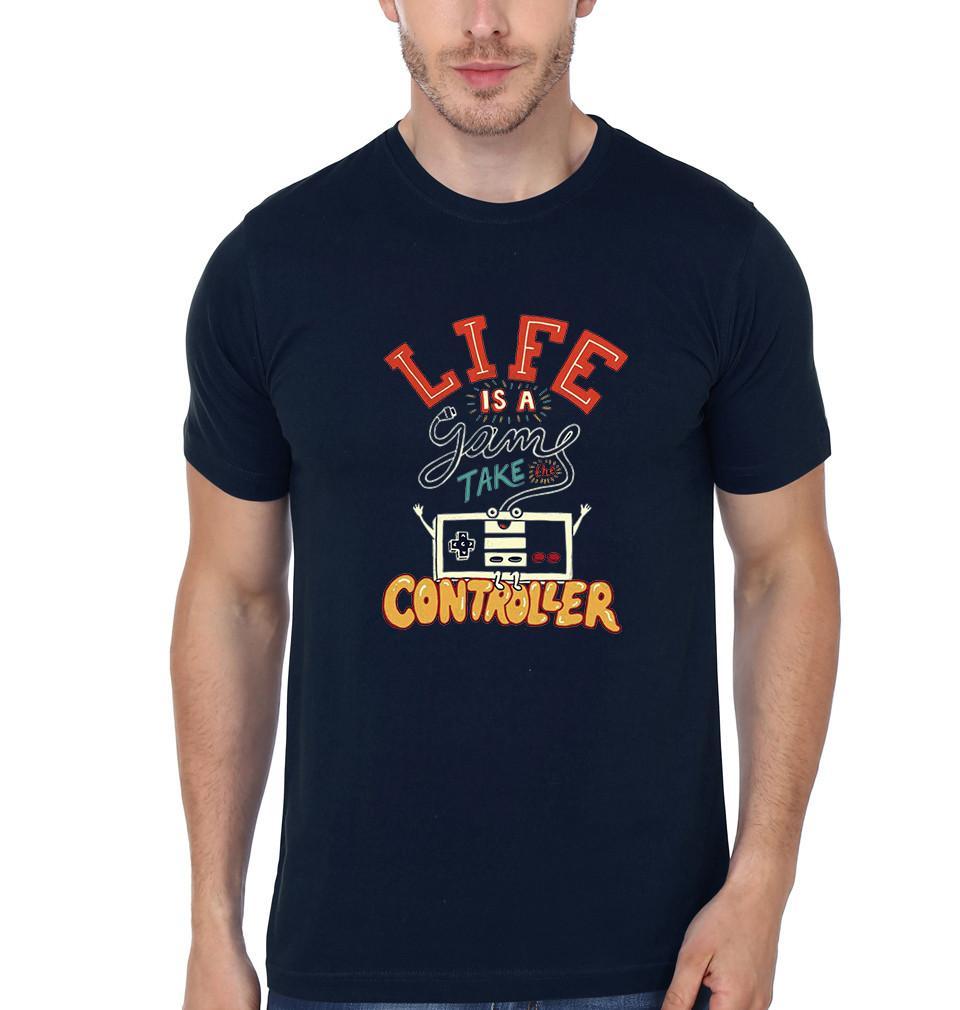 FunkyTradition Navy Blue Round Neck Life Is A Game Take Controller Men Half Sleeves T-Shirt