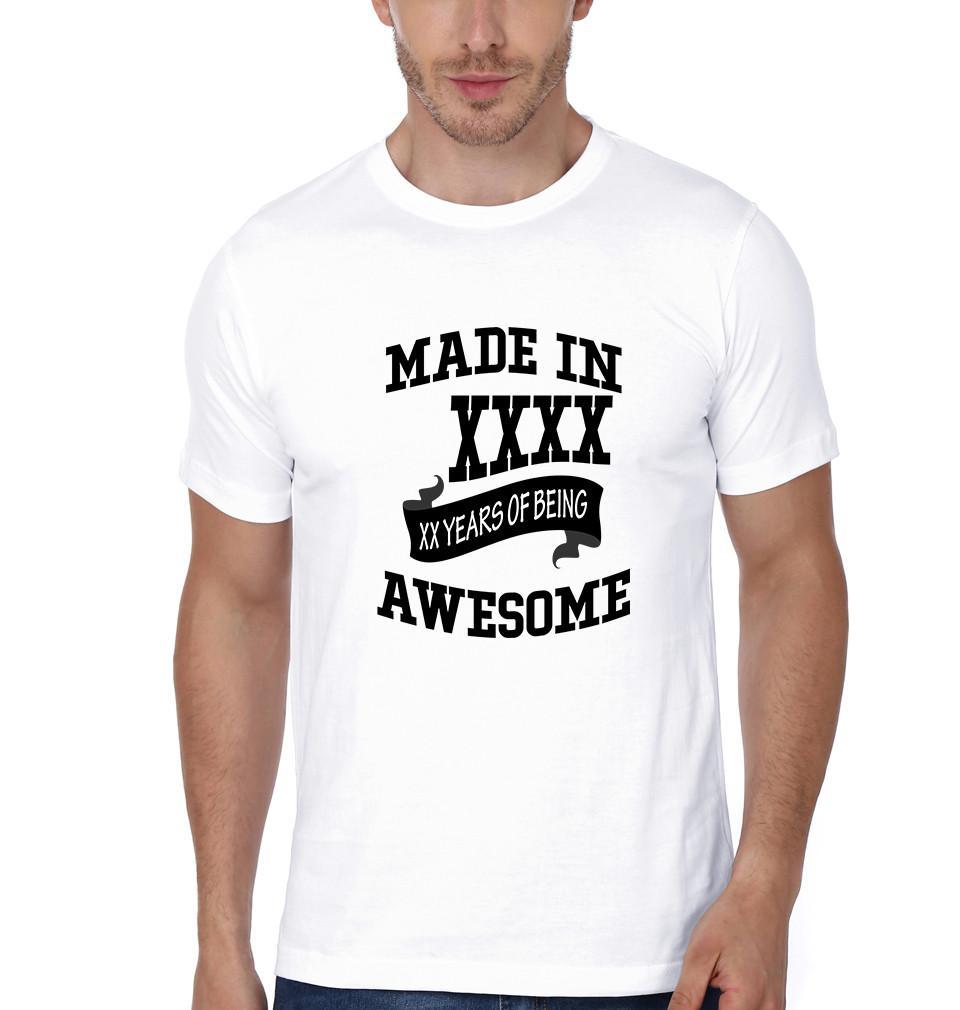 FunkyTradition White Round Neck Made In Year Men Half Sleeves T-Shirt