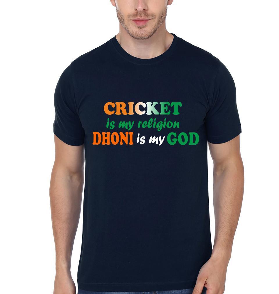 FunkyTradition Navy Blue Round Neck Cricket Is My Religion Dhoni Is My God Men Half Sleeves T-Shirt