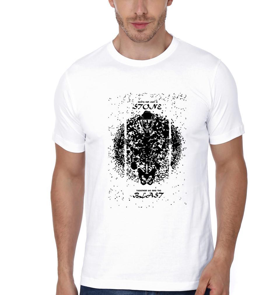 FunkyTradition White Round Neck Stone Blast Men Half Sleeves T-Shirt