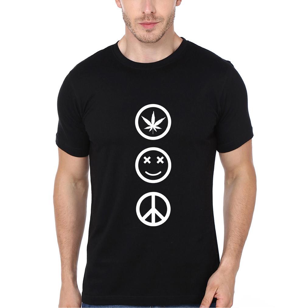 FunkyTradition Black Round Neck Weed Happy Peace Funny Half Sleeves T-Shirt