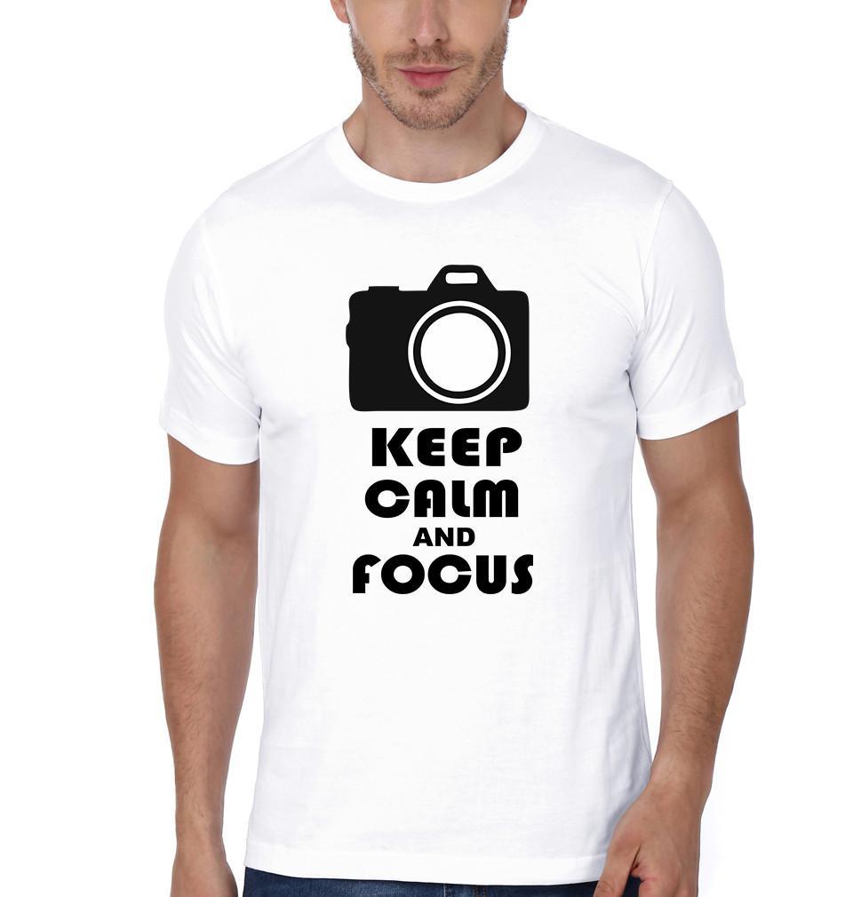 FunkyTradition White Round Neck Keep Calm And Focus Half Sleeves T-Shirt