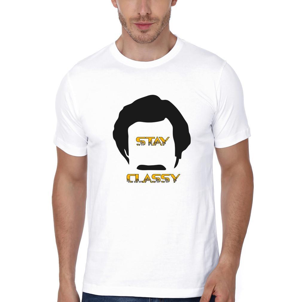 FunkyTradition White Round Neck Stay Classy Men Half Sleeves T-Shirt