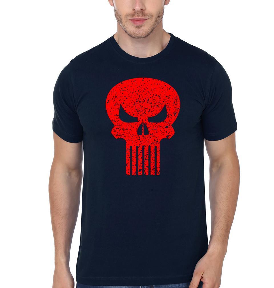 FunkyTradition Navy Blue Round Neck Skull Red Half Sleeves T-Shirt