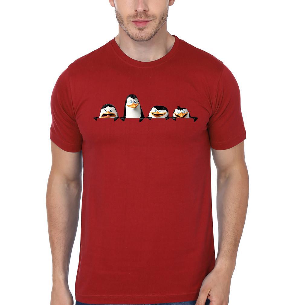 FunkyTradition Red Round Neck Funny Penguin Of Madagascar Half Sleeves T-Shirt