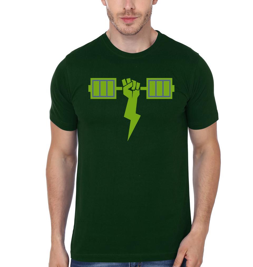 FunkyTradition Olive Green Round Neck Dumbell Charge Men Half Sleeves T-Shirt