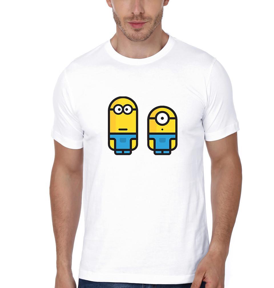 FunkyTradition White Round Neck Cute Minion Brothers Men Half Sleeves T-Shirt