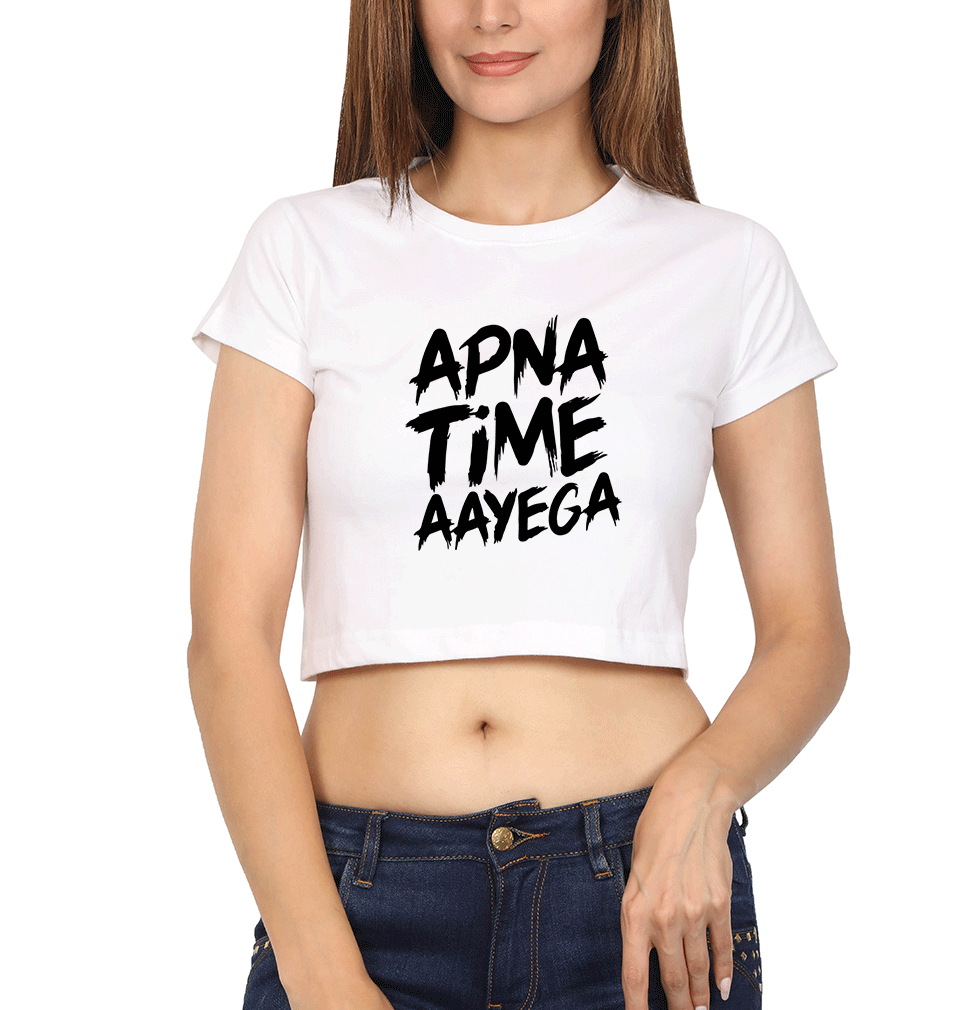 Apna Time Ayega Womens Crop Top-FunkyTradition Half Sleeves T-Shirt FunkyTradition