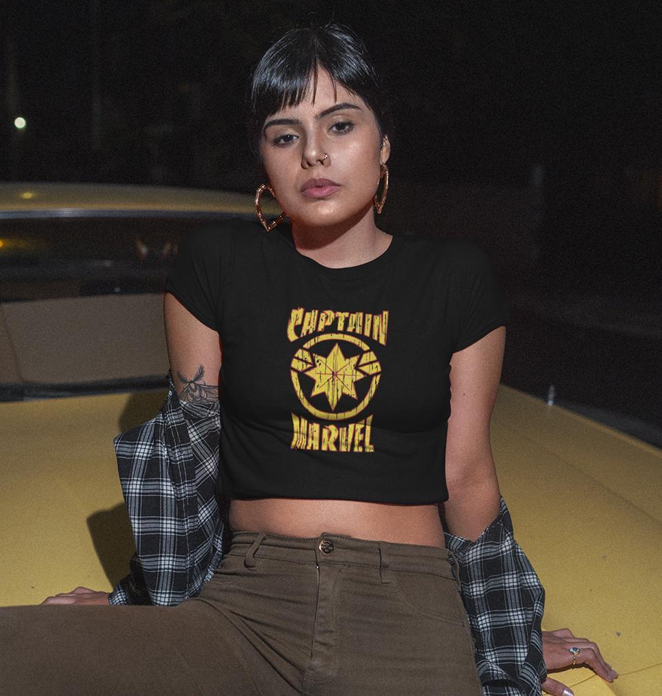 Captain Marvel Logo Womens Crop Top-FunkyTradition Half Sleeves T-Shirt FunkyTradition