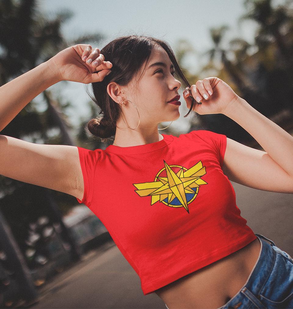 Captain Marvel Womens Crop Top-FunkyTradition Half Sleeves T-Shirt FunkyTradition