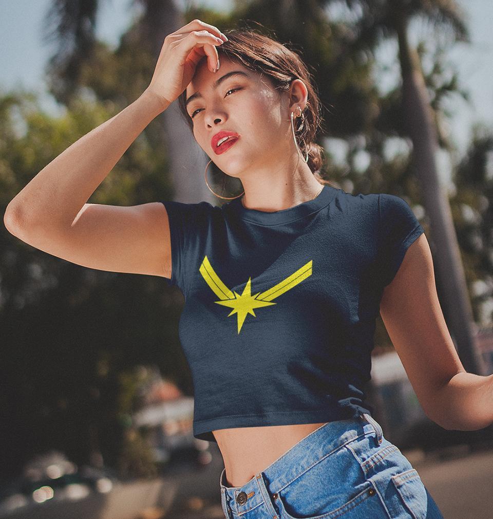 Captain Marvel Womens Crop Top-FunkyTradition Half Sleeves T-Shirt FunkyTradition
