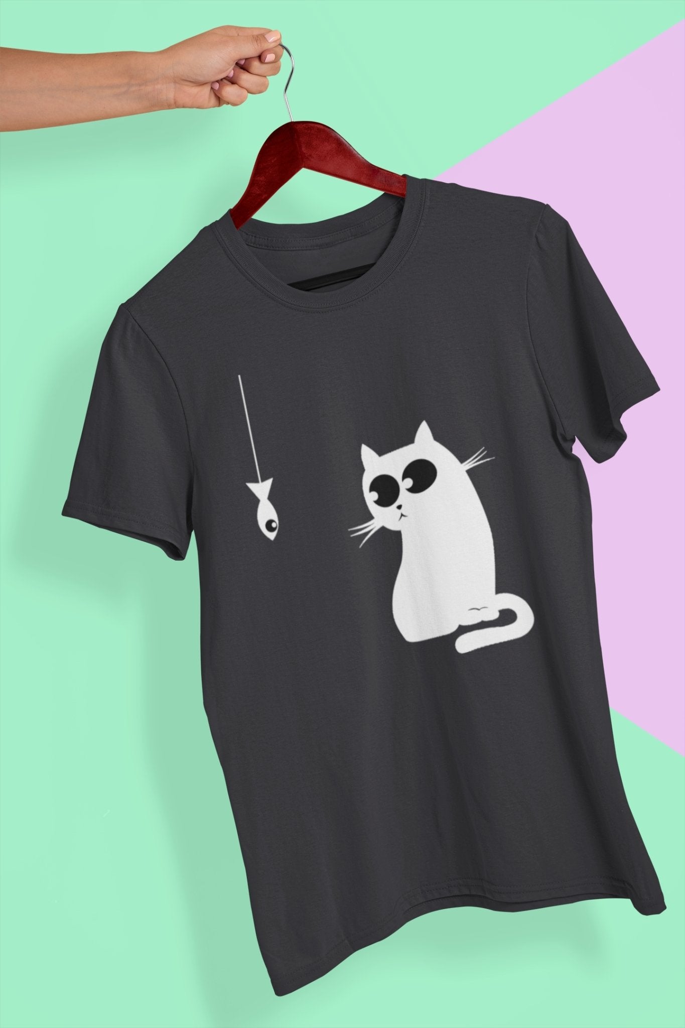 Cat Staring At Fish Mens Half Sleeves T-shirt- FunkyTeesClub - Funky Tees Club