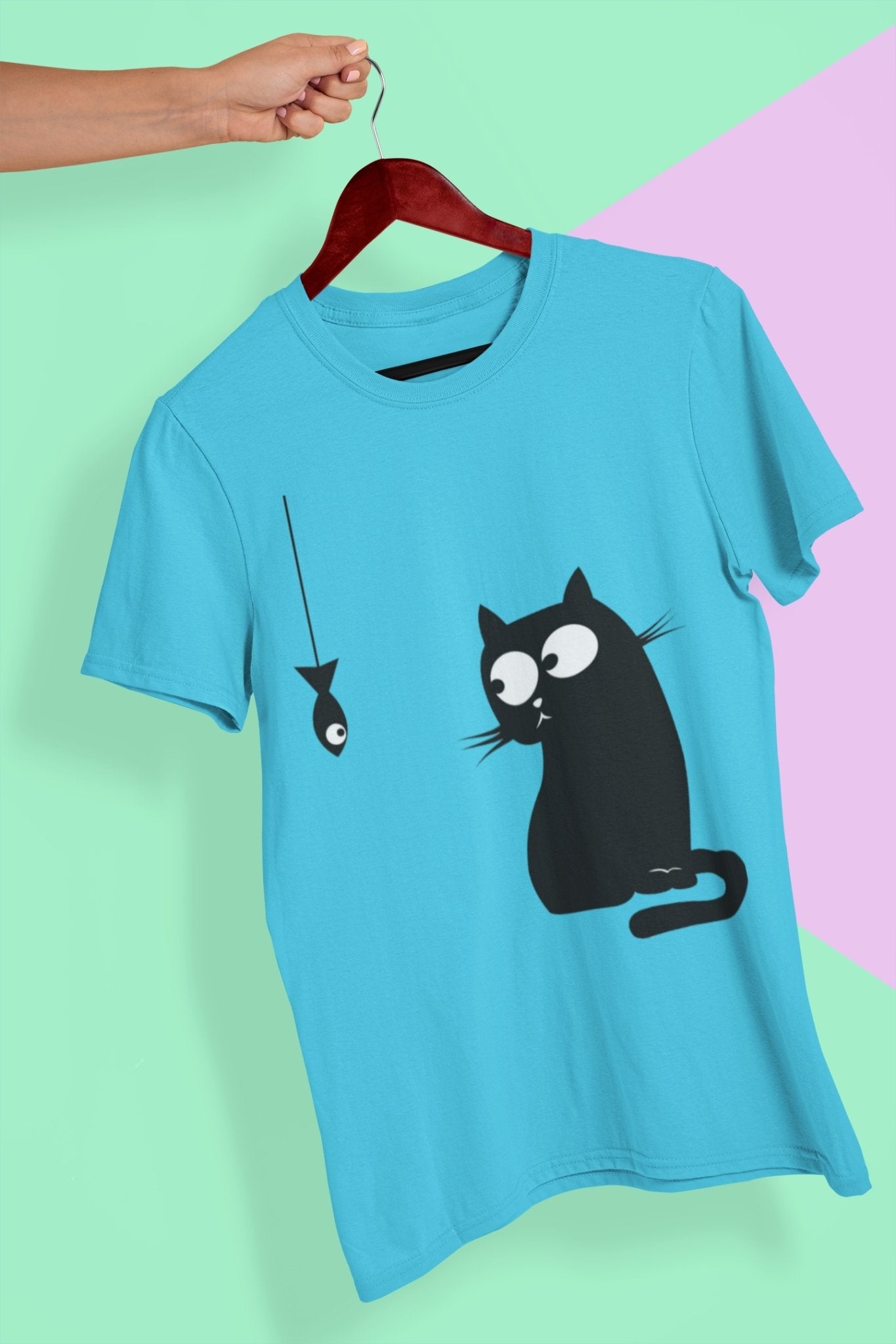 Cat Staring At Fish Mens Half Sleeves T-shirt- FunkyTeesClub - Funky Tees Club
