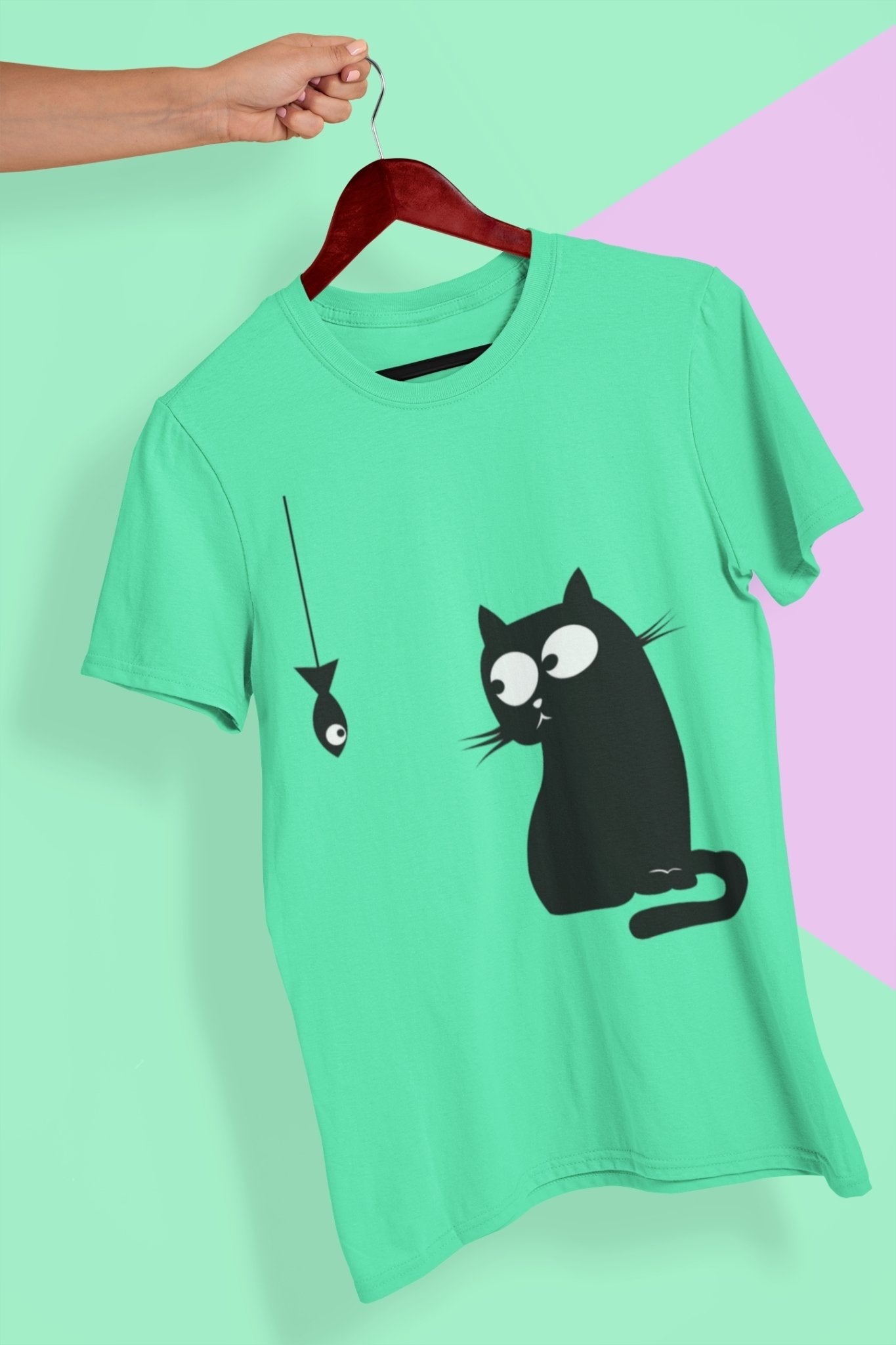 Cat Staring At Fish Mens Half Sleeves T-shirt- FunkyTeesClub - Funky Tees Club