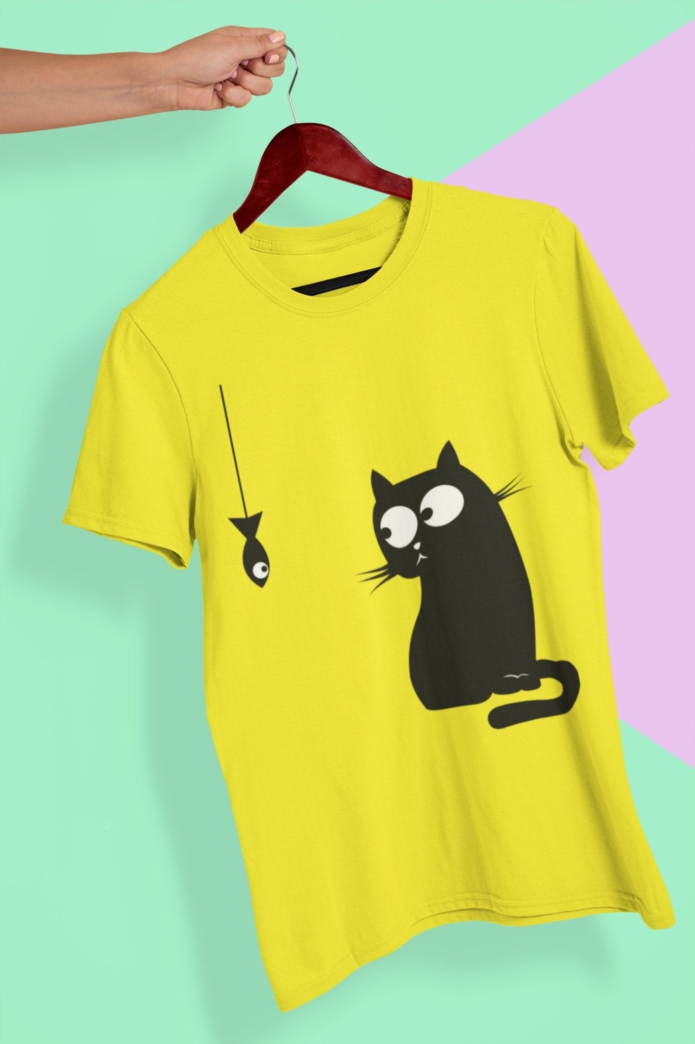 Cat Staring At Fish Mens Half Sleeves T-shirt- FunkyTeesClub - Funky Tees Club