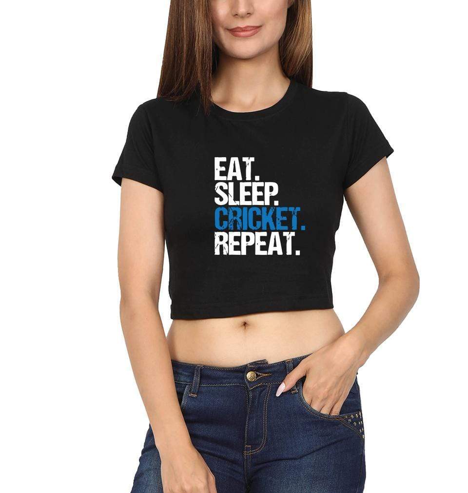 CRICKET Eat Sleep Cricket Repeat Womens Crop Top-FunkyTradition Half Sleeves T-Shirt FunkyTradition
