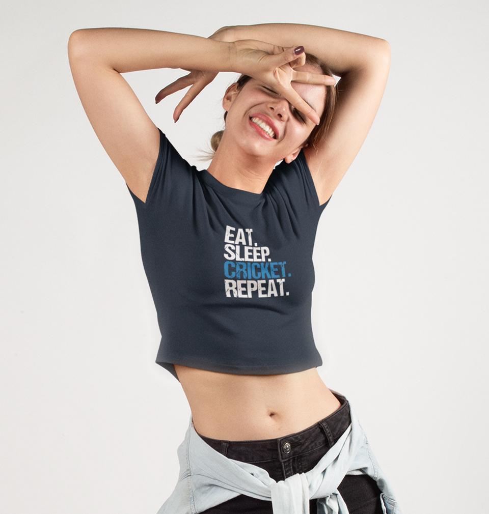CRICKET Eat Sleep Cricket Repeat Womens Crop Top-FunkyTradition Half Sleeves T-Shirt FunkyTradition
