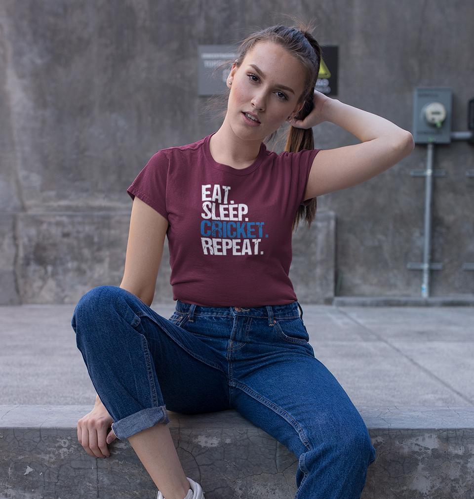 CRICKET Eat Sleep Cricket Repeat Womens Half Sleeves T-Shirts-FunkyTradition Half Sleeves T-Shirt FunkyTradition