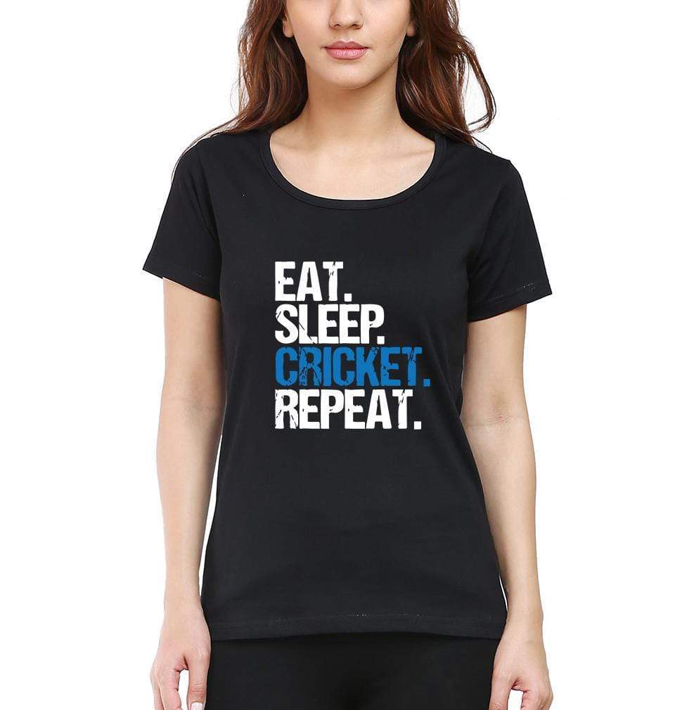 CRICKET Eat Sleep Cricket Repeat Womens Half Sleeves T-Shirts-FunkyTradition Half Sleeves T-Shirt FunkyTradition