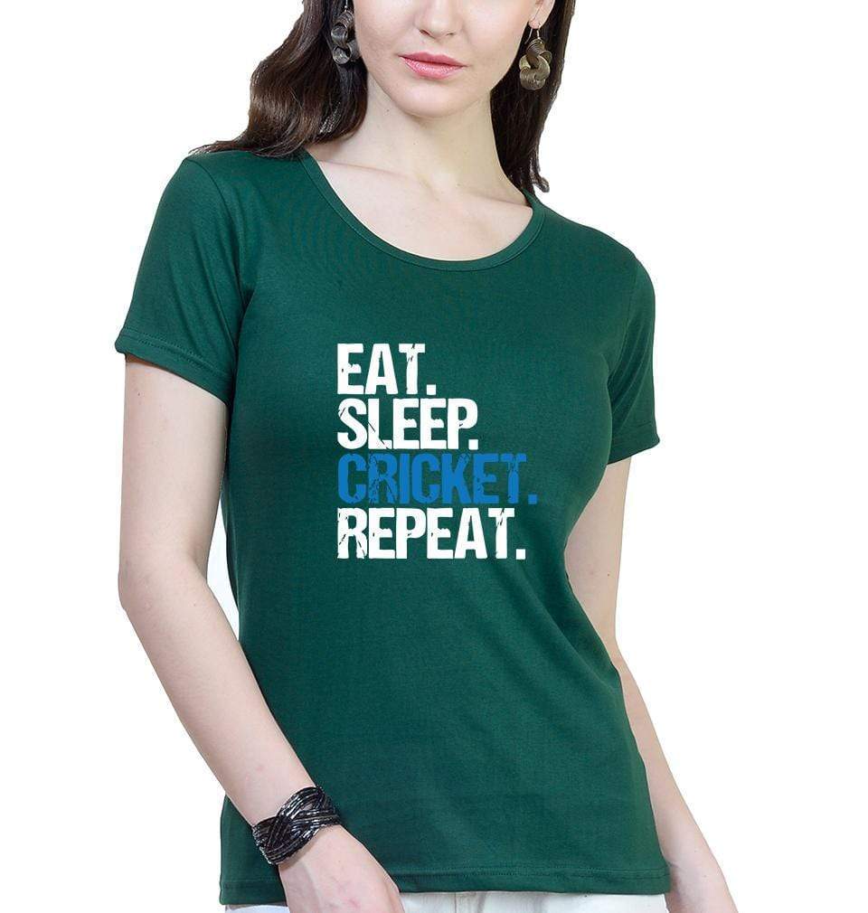 CRICKET Eat Sleep Cricket Repeat Womens Half Sleeves T-Shirts-FunkyTradition Half Sleeves T-Shirt FunkyTradition