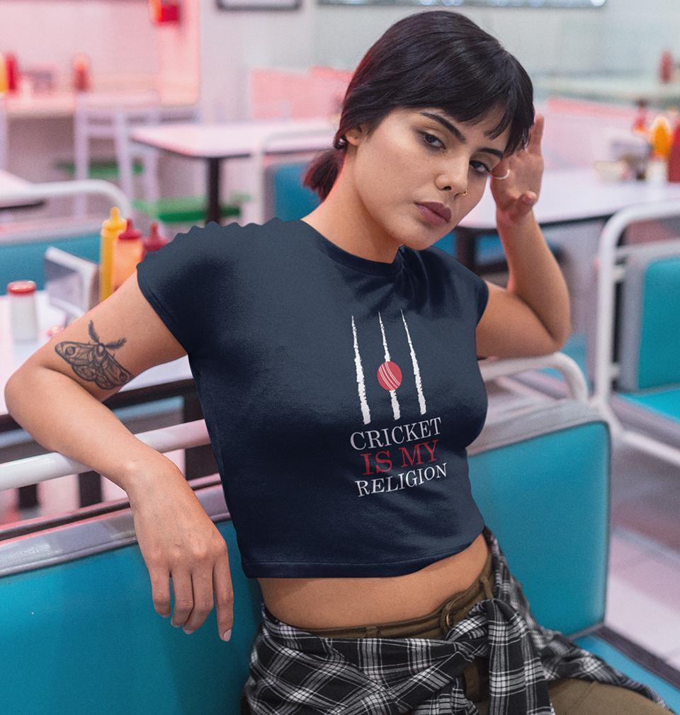 Cricket Is My Religion Womens Crop Top-FunkyTradition Half Sleeves T-Shirt FunkyTradition