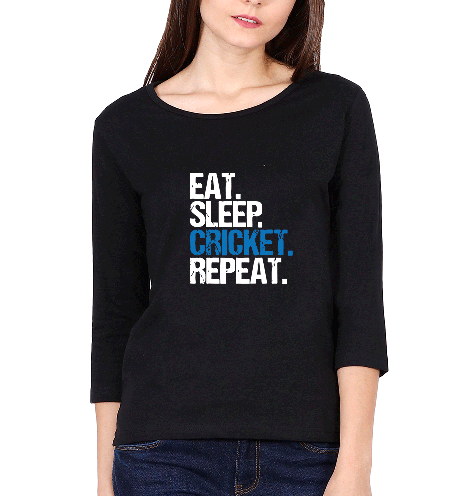 Eat Sleep Cricket Repeat Womens Full Sleeves T-Shirts-FunkyTradition Half Sleeves T-Shirt FunkyTradition