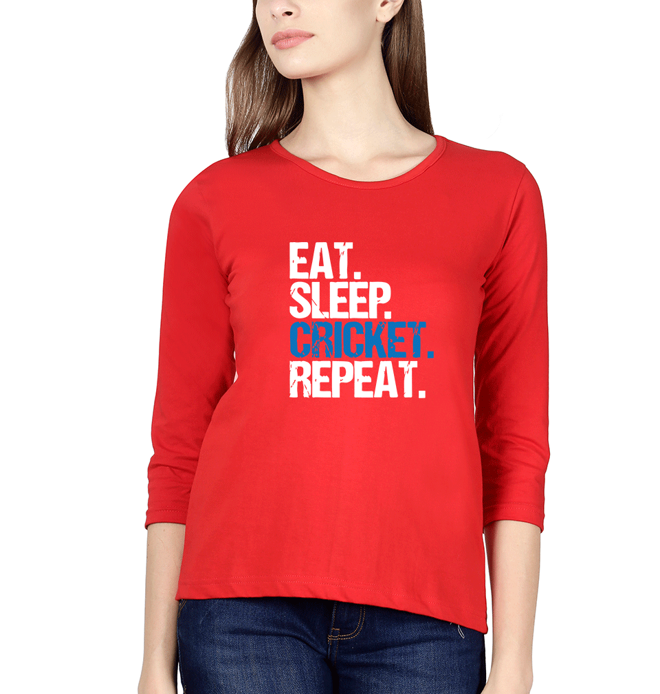 Eat Sleep Cricket Repeat Womens Full Sleeves T-Shirts-FunkyTradition Half Sleeves T-Shirt FunkyTradition