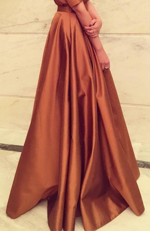 FunkyTradition Designer Wear Copper Brown Taffeta Silk Readymade Gown - FunkyTradition