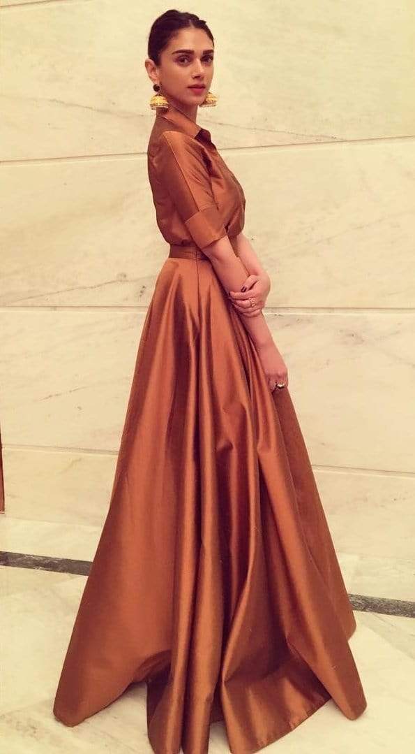FunkyTradition Designer Wear Copper Brown Taffeta Silk Readymade Gown - FunkyTradition