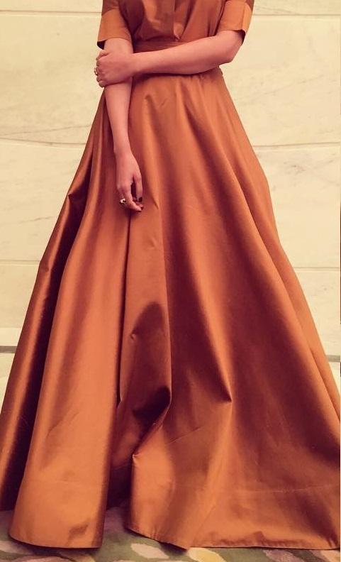 FunkyTradition Designer Wear Copper Brown Taffeta Silk Readymade Gown - FunkyTradition