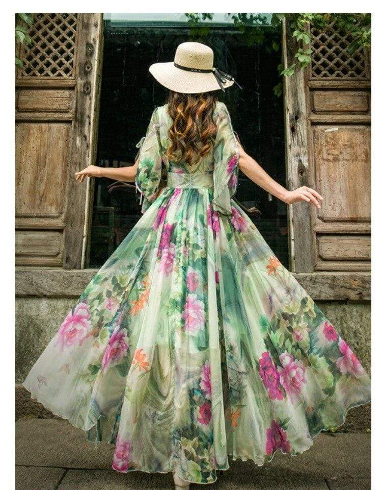 FunkyTradition Trendy Short Sleeve Floral Printed Faux Georgette Maxi Dress - FunkyTradition