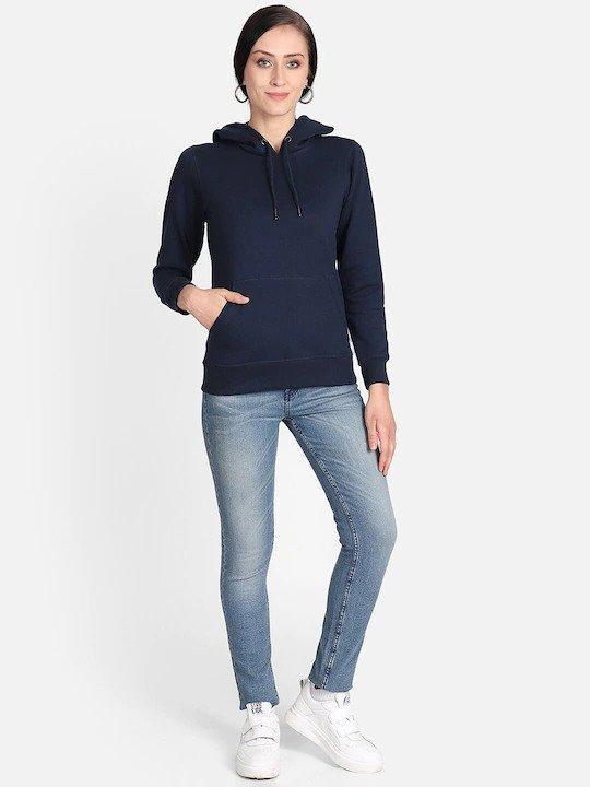 Plain Navy Blue Hoodie Sweatshirt for Women -FunkyTeesClub - Funky Tees Club