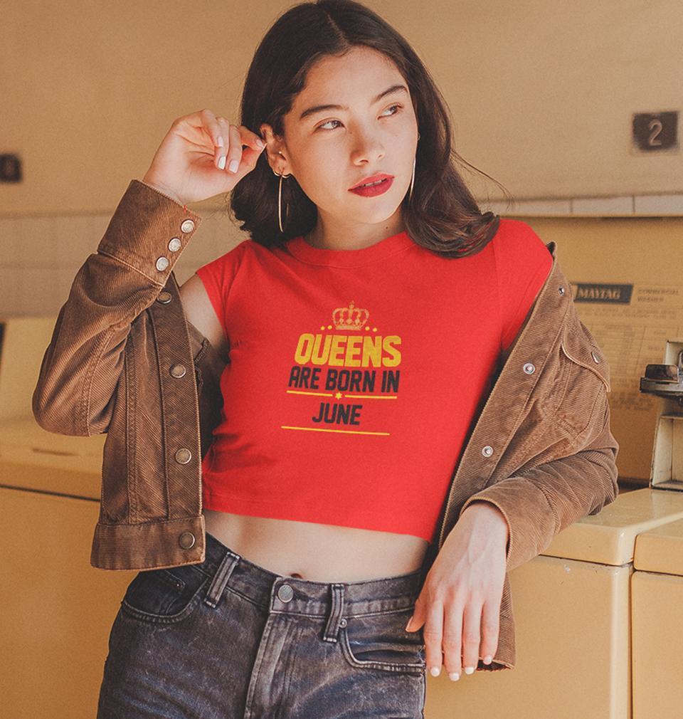 Queens Are Born In June Womens Crop Top-FunkyTradition Half Sleeves T-Shirt FunkyTradition