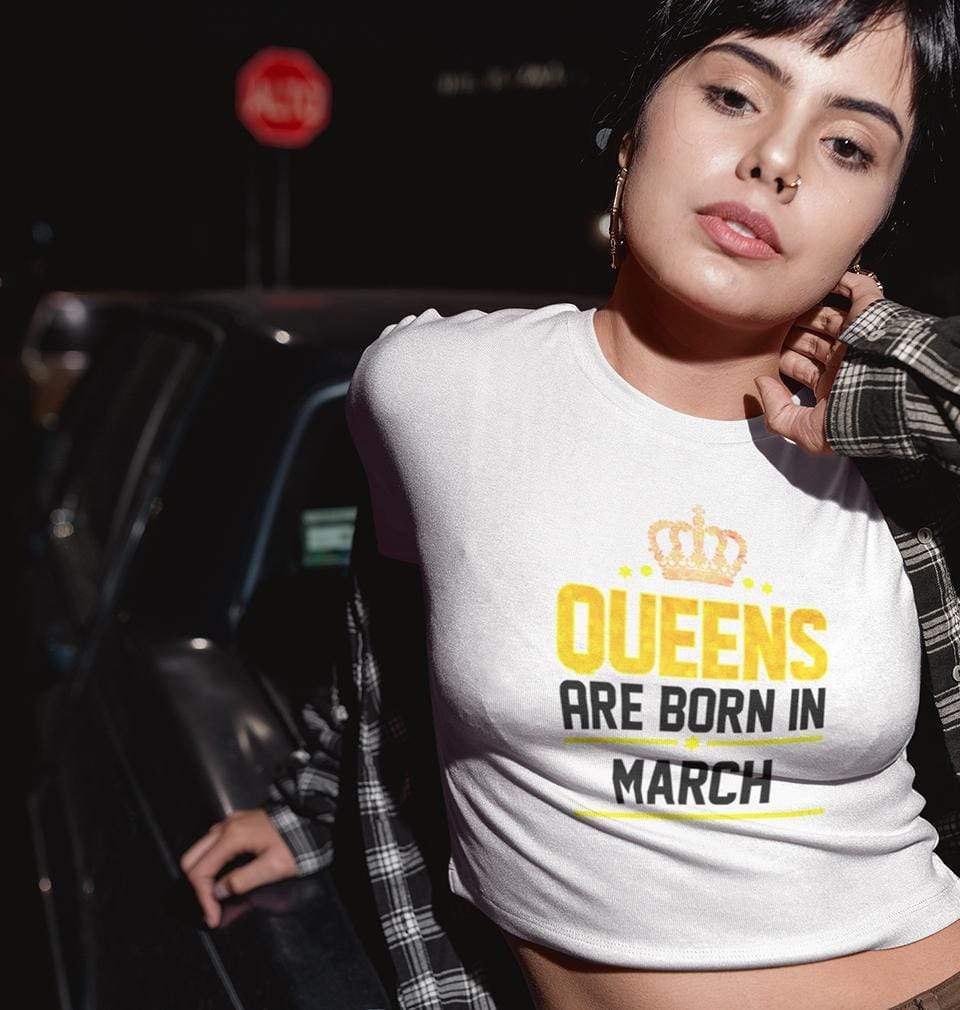 Queens Are Born In March Womens Crop Top-FunkyTradition Half Sleeves T-Shirt FunkyTradition
