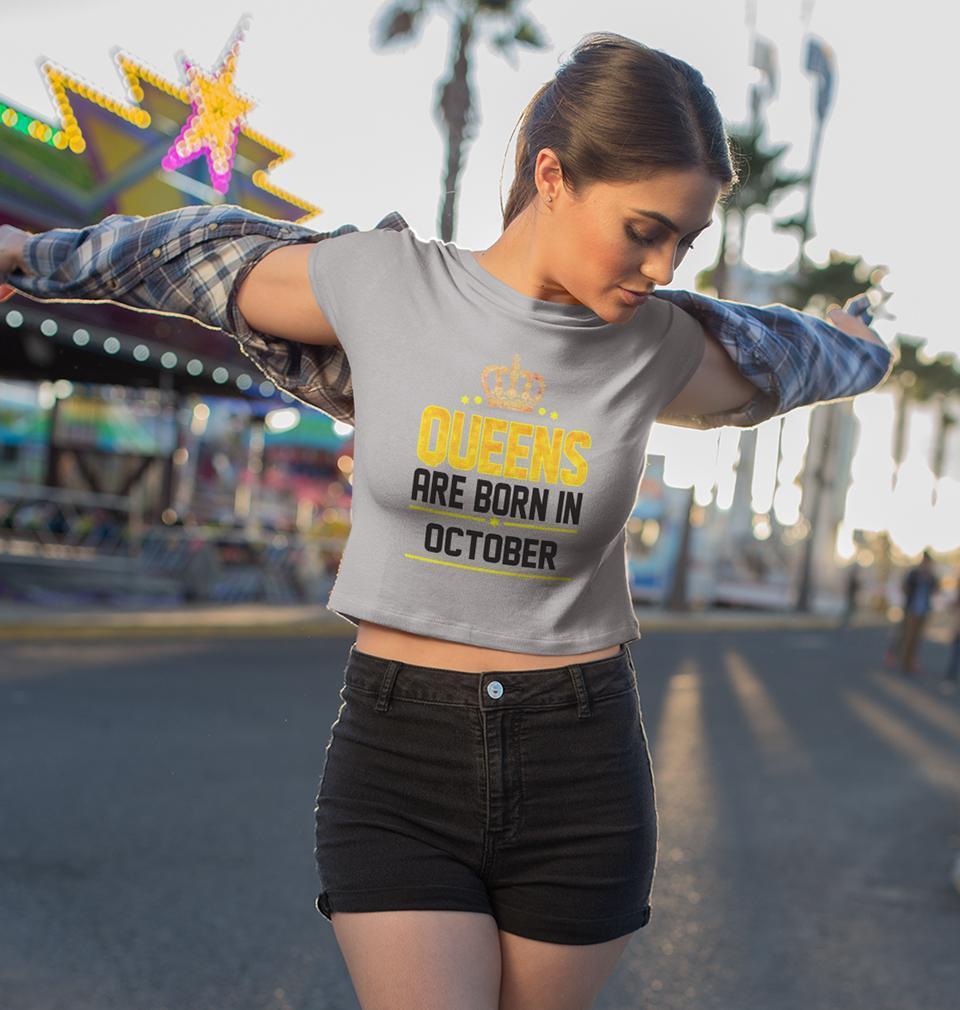 Queens Are Born In October Womens Crop Top-FunkyTradition Half Sleeves T-Shirt FunkyTradition